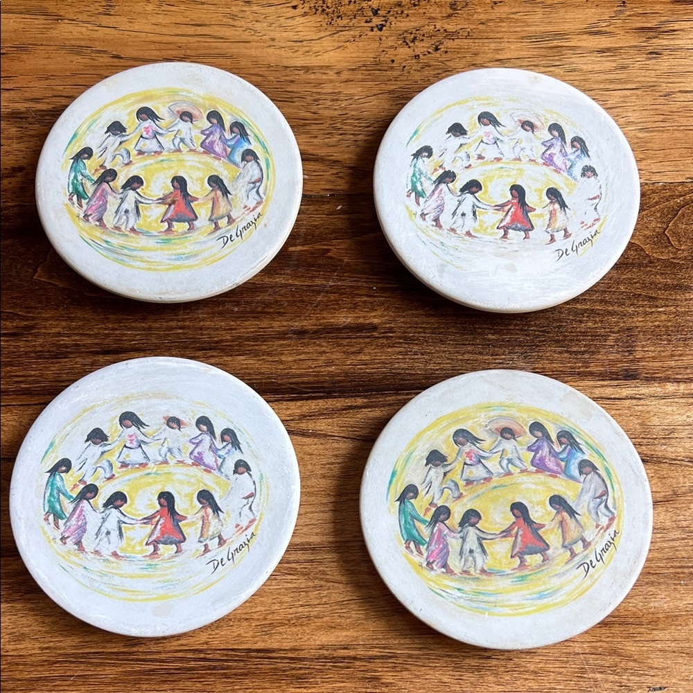 Vintage Ted De Grazia “Los Ninos” Coasters Sandstone Dew Stopper Set of 4